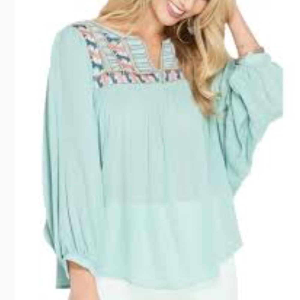 She + Sky Peasant Embroidered Blouse